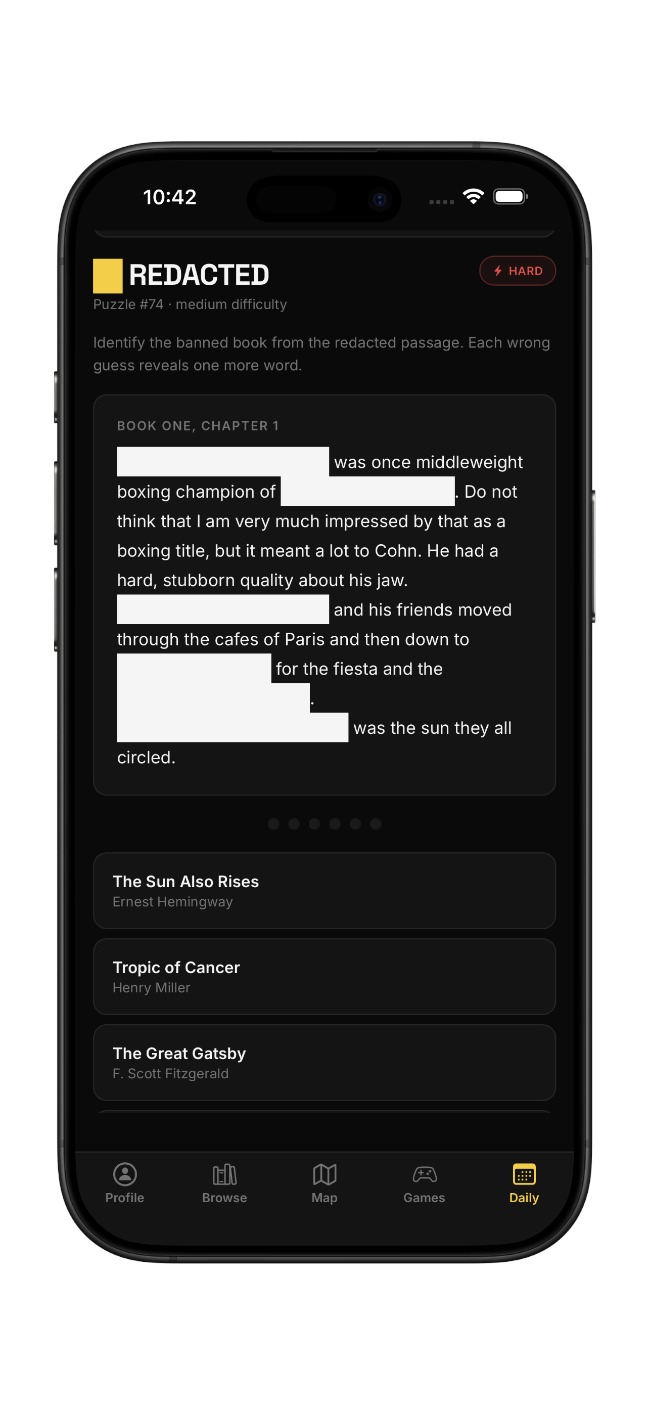 BannedBooks app screenshot showing a daily puzzle